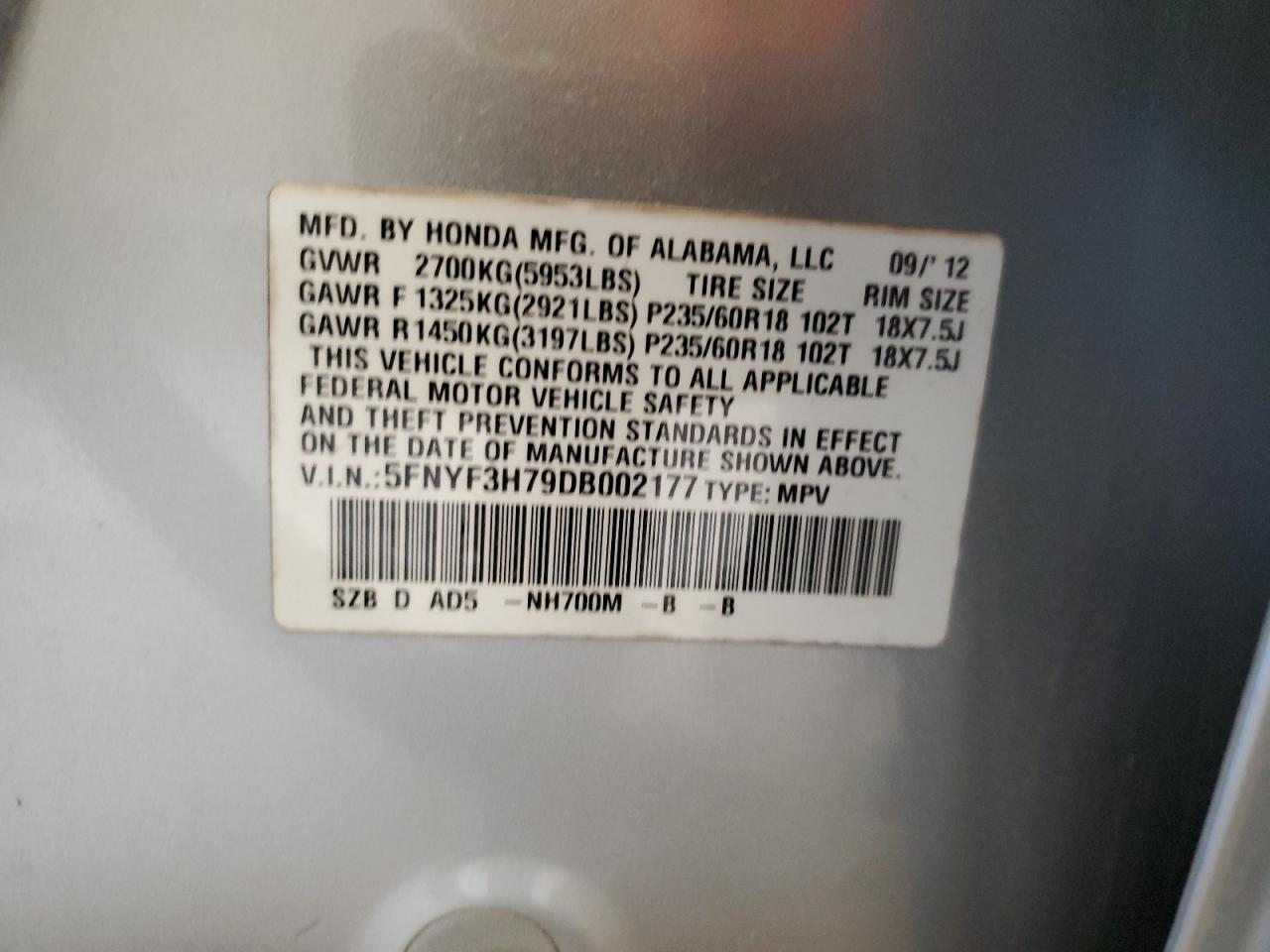 5FNYF3H79DB002177 2013 Honda Pilot Exln