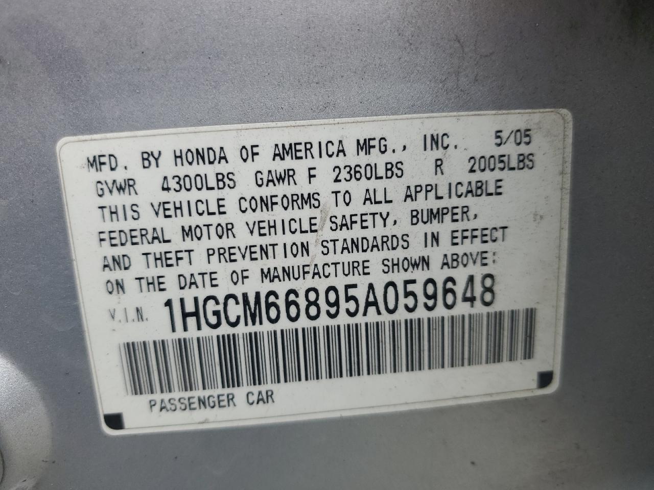 1HGCM66895A059648 2005 Honda Accord Ex