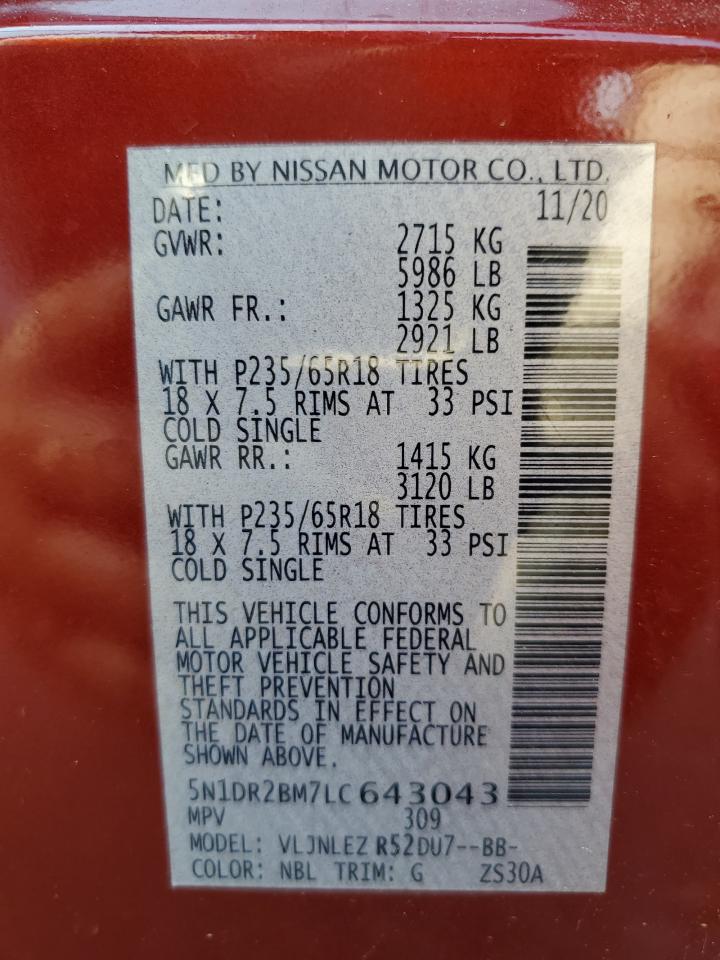 5N1DR2BM7LC643043 2020 Nissan Pathfinder Sv