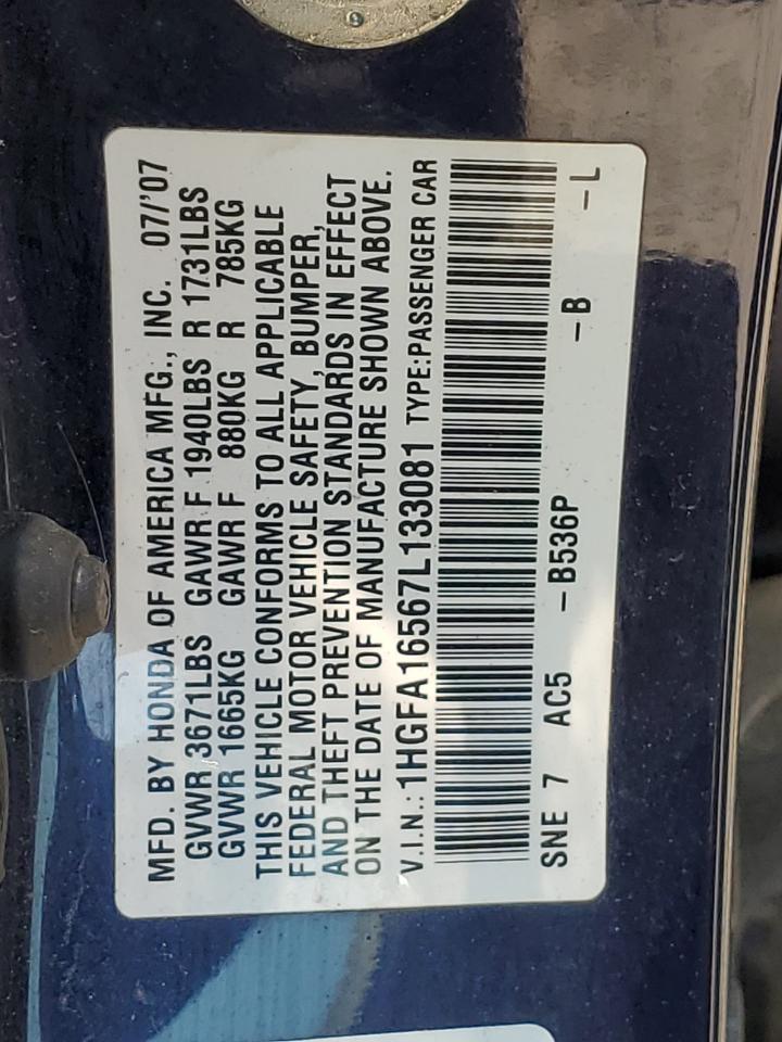 1HGFA16567L133081 2007 Honda Civic Lx
