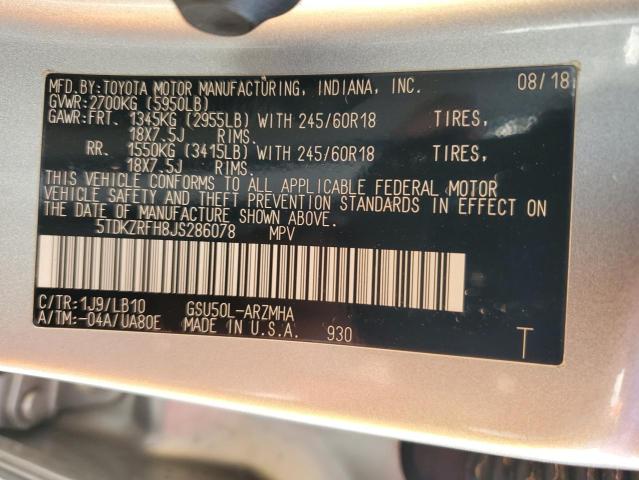 2018 Toyota Highlander Se VIN: 5TDKZRFH8JS286078 Lot: 58361144