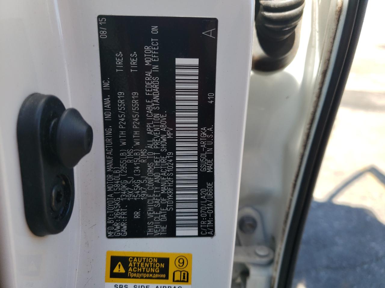 5TDYKRFH2FS102419 2015 Toyota Highlander Limited