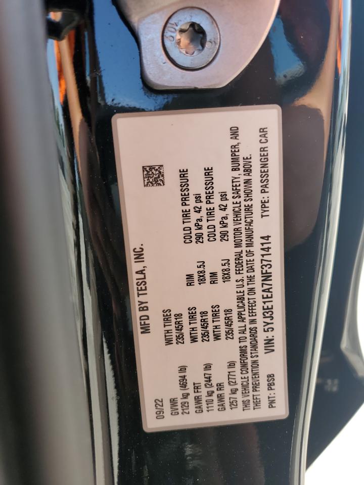 5YJ3E1EA7NF371414 2022 Tesla Model 3