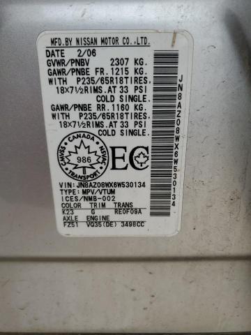 2006 Nissan Murano Sl VIN: JN8AZ08WX6W530134 Lot: 58261554