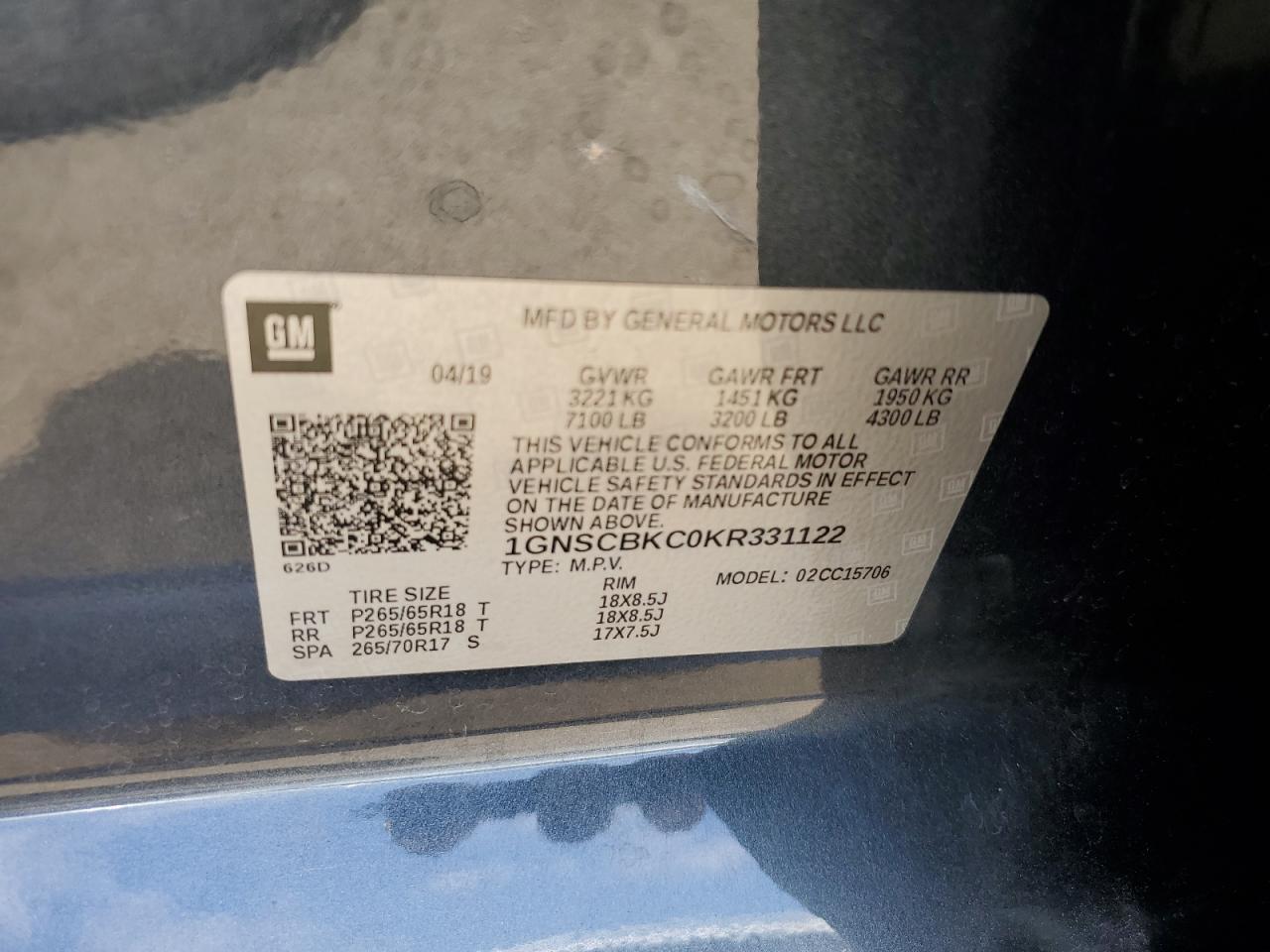 1GNSCBKC0KR331122 2019 Chevrolet Tahoe C1500 Lt