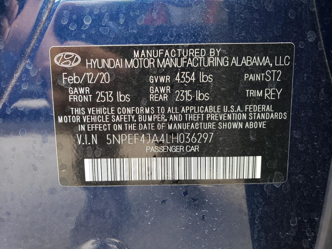 5NPEF4JA4LH036297 2020 Hyundai Sonata Sel