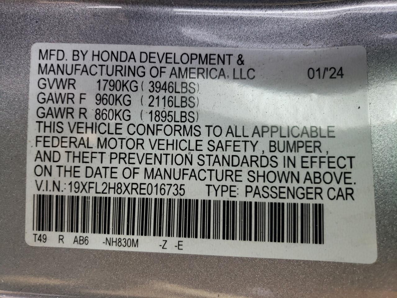 19XFL2H8XRE016735 2024 Honda Civic Sport 19XFL2H8XRE016735 2024 Honda Civic Sport