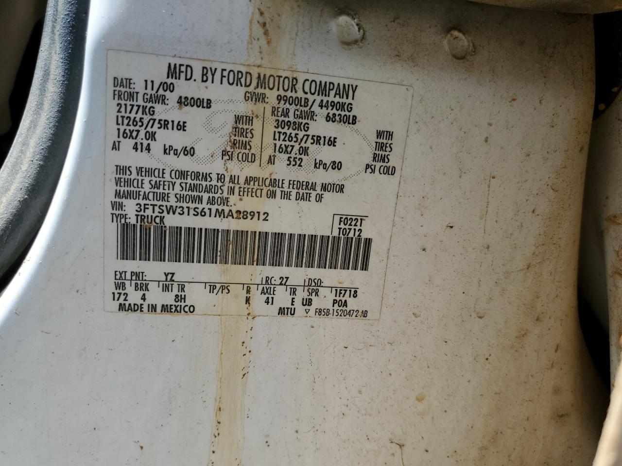 3FTSW31S61MA28912 2001 Ford F350 Srw Super Duty