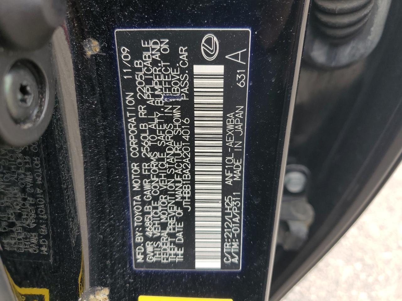 JTHBB1BA2A2014016 2010 Lexus Hs 250H