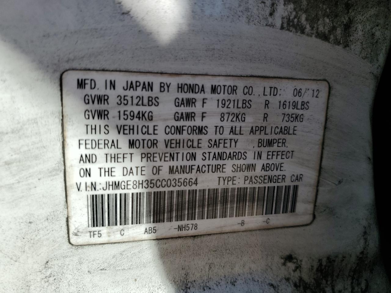 JHMGE8H35CC035664 2012 Honda Fit