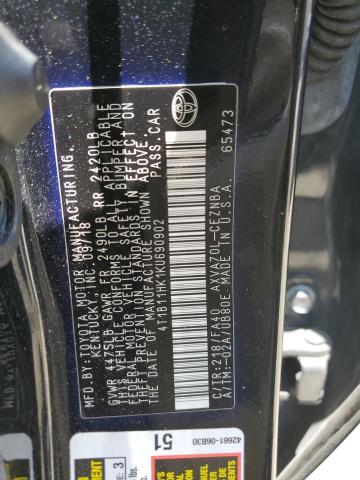 4T1B11HK1KU690902 2019 TOYOTA CAMRY - Image 12