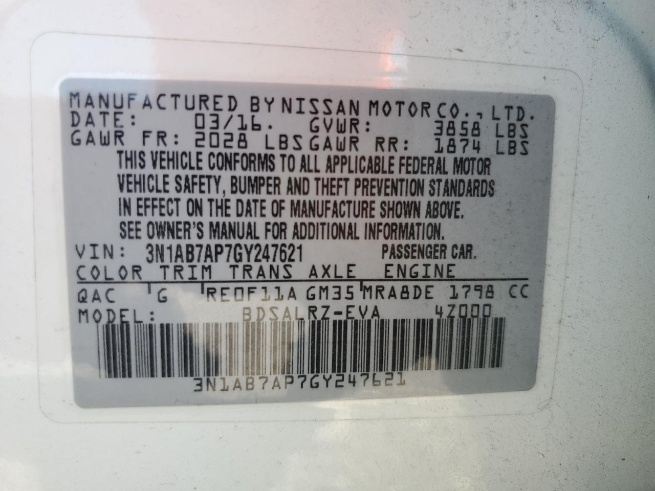 3N1AB7AP7GY247621 2016 Nissan Sentra S