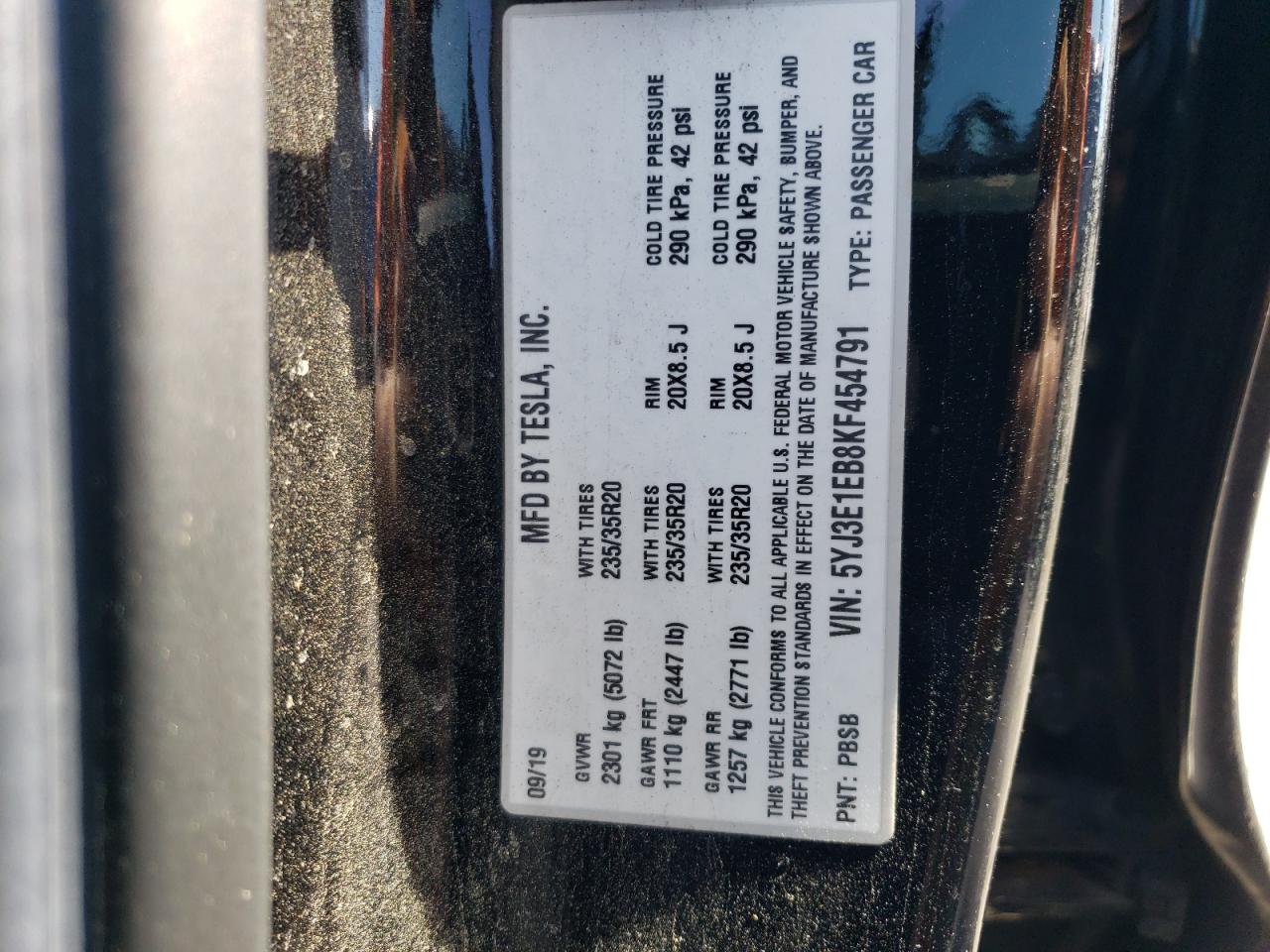 5YJ3E1EB8KF454791 2019 Tesla Model 3