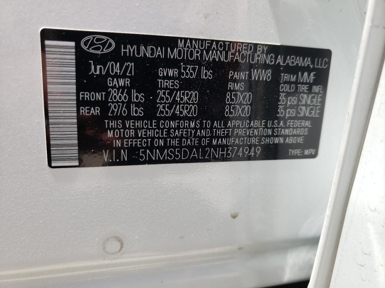 5NMS5DAL2NH374949 2022 Hyundai Santa Fe Calligraphy