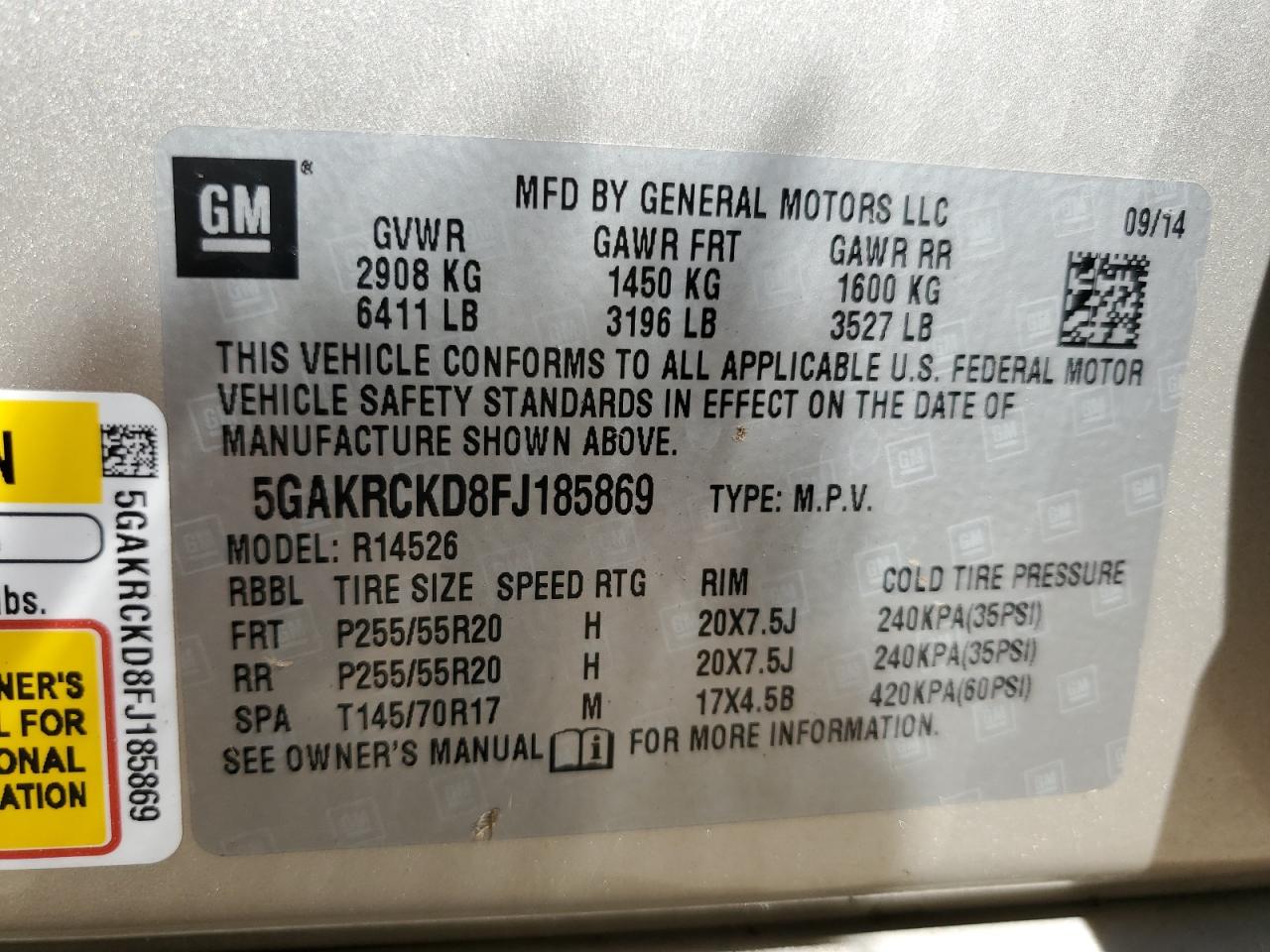 5GAKRCKD8FJ185869 2015 Buick Enclave