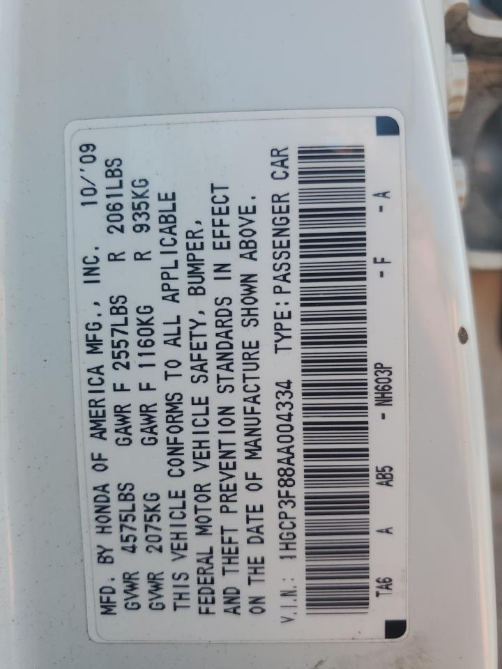 1HGCP3F88AA004334 2010 Honda Accord Exl