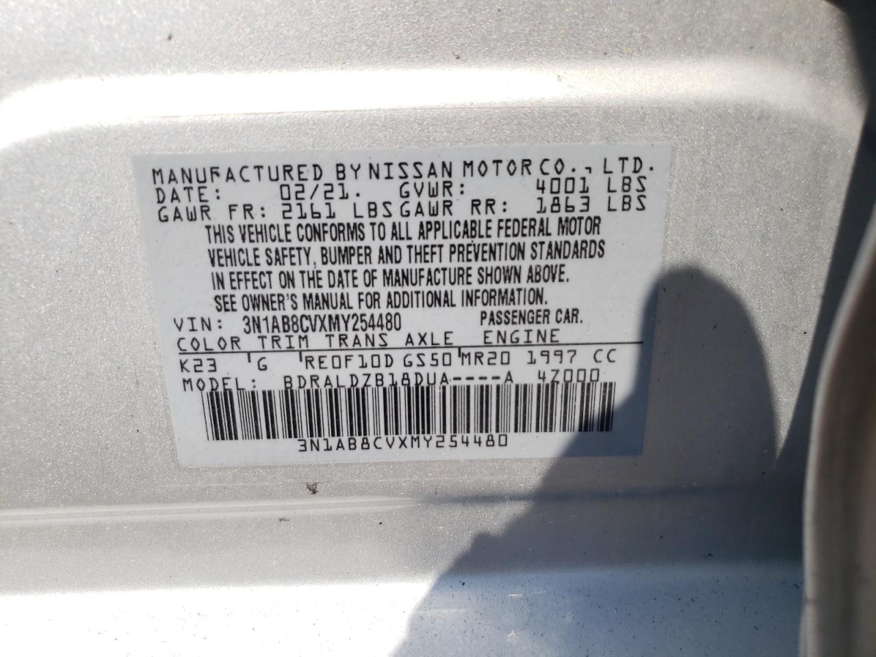 3N1AB8CVXMY254480 2021 Nissan Sentra Sv