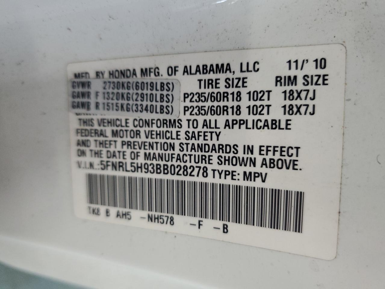 5FNRL5H93BB028278 2011 Honda Odyssey Touring