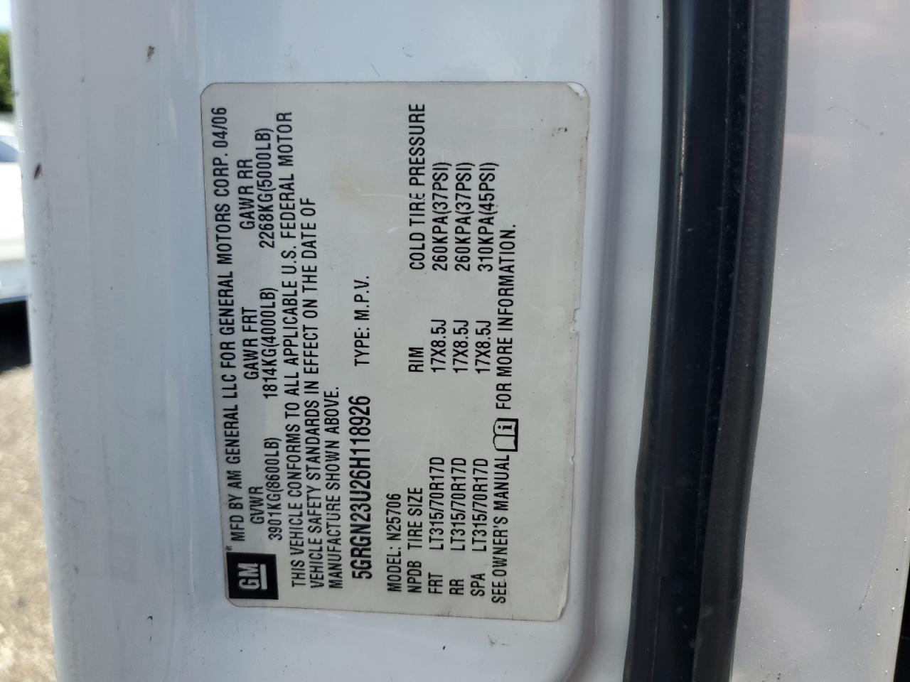 5GRGN23U26H118926 2006 Hummer H2