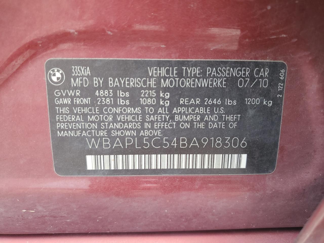 WBAPL5C54BA918306 2011 BMW 335 Xi