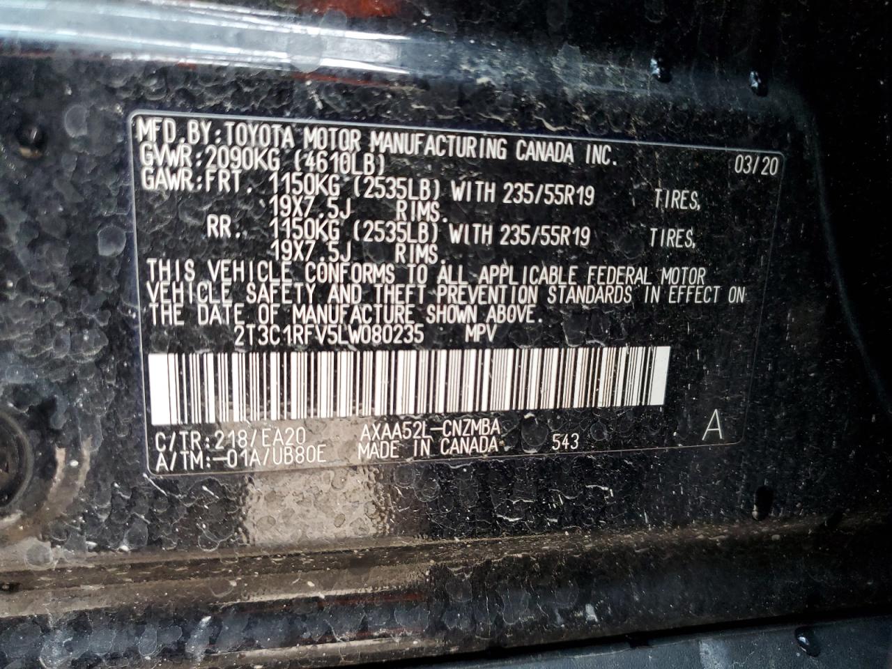 2T3C1RFV5LW080235 2020 Toyota Rav4 Xle Premium