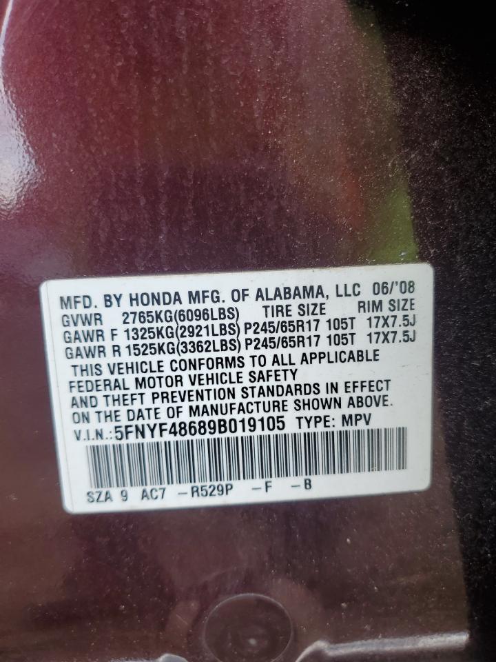 5FNYF48689B019105 2009 Honda Pilot Exl