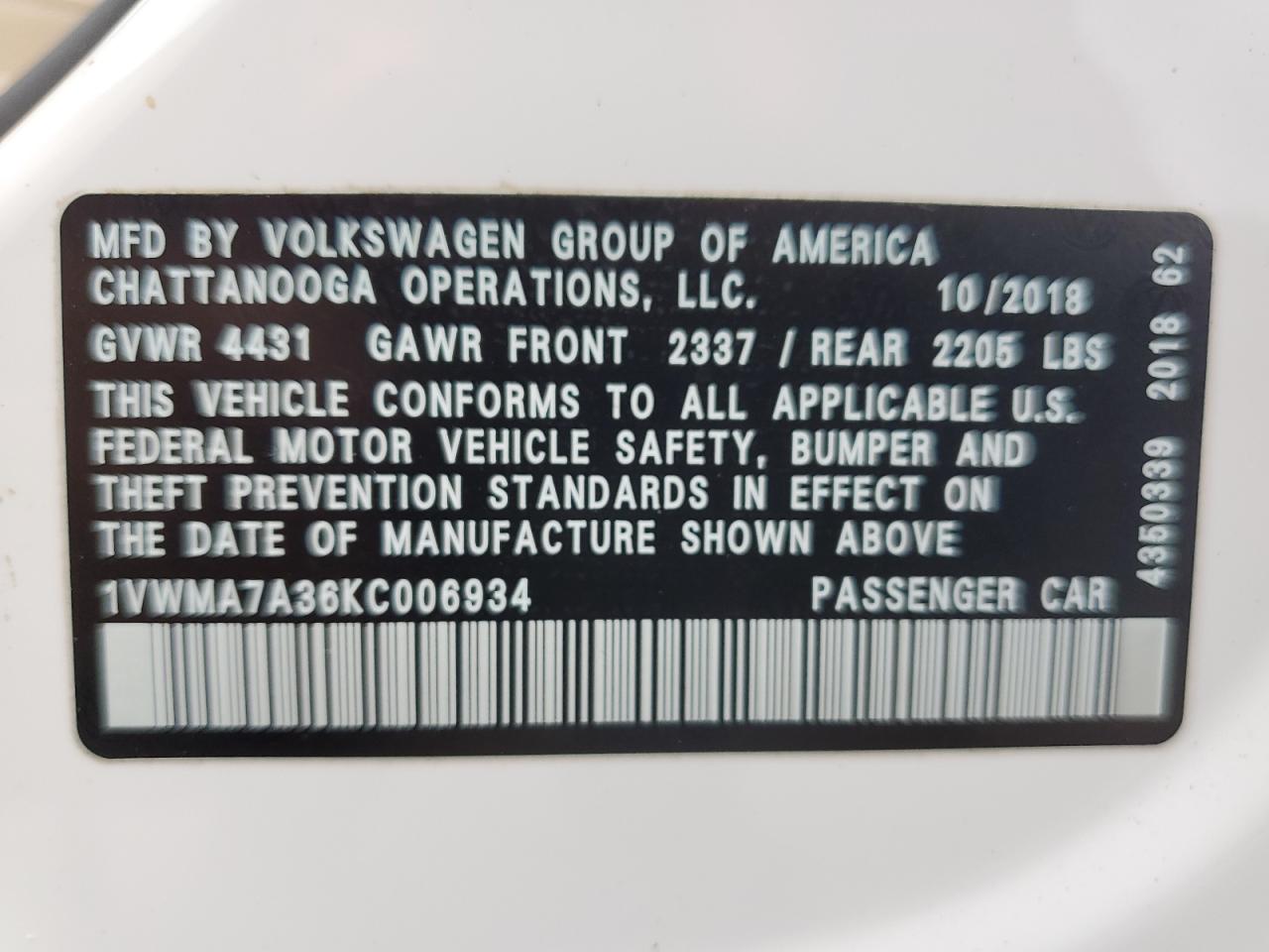 1VWMA7A36KC006934 2019 Volkswagen Passat Se R-Line