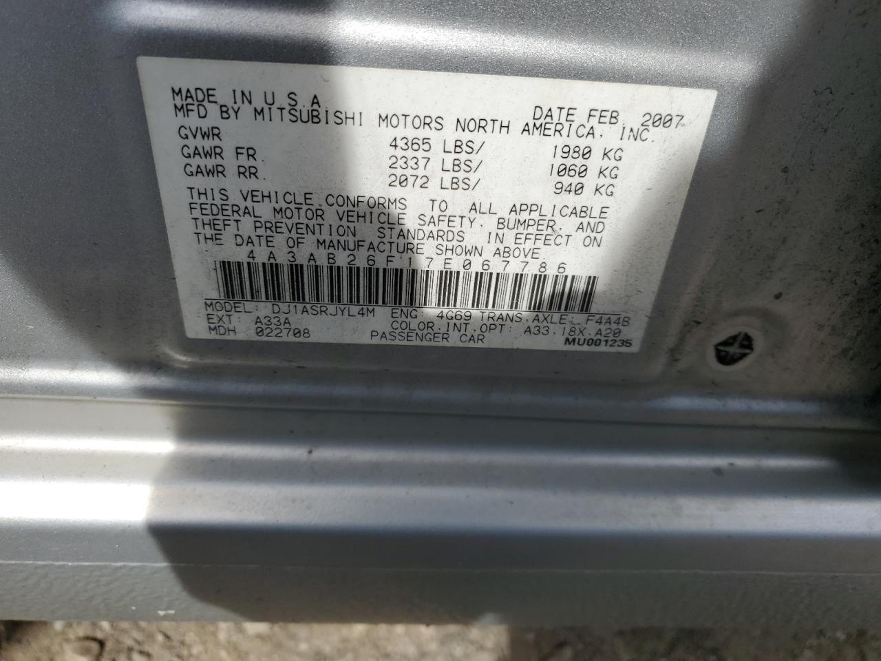 4A3AB26F17E067786 2007 Mitsubishi Galant De