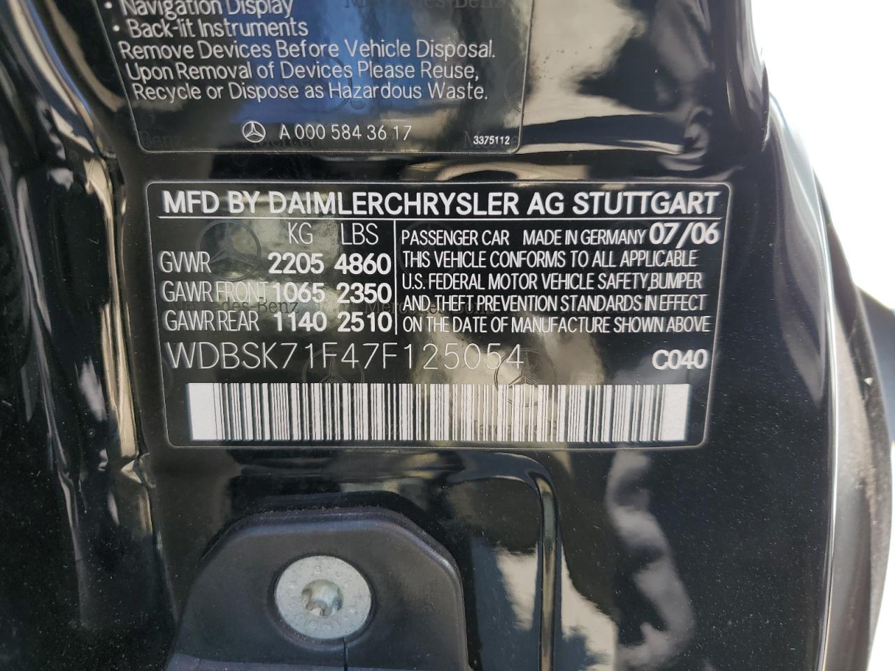 WDBSK71F47F125054 2007 Mercedes-Benz Sl 550