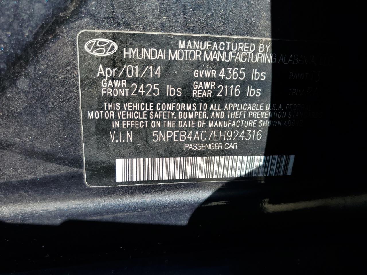 5NPEB4AC7EH924316 2014 Hyundai Sonata Gls