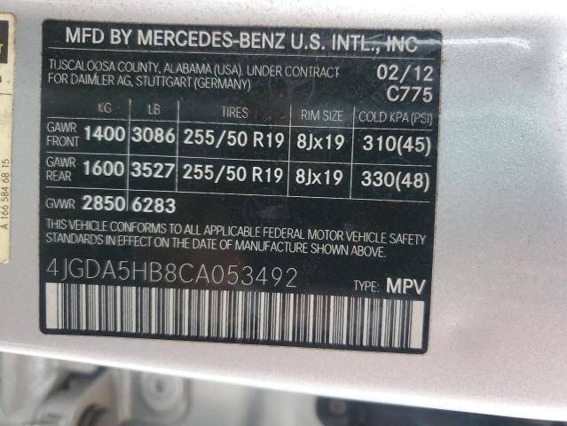 2012 Mercedes-Benz Ml 350 4Matic VIN: 4JGDA5HB8CA053492 Lot: 57122304