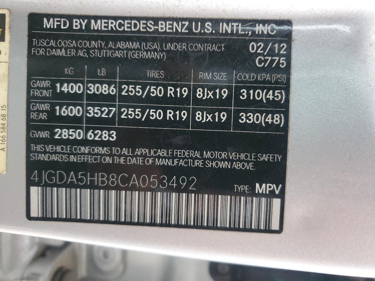 4JGDA5HB8CA053492 2012 Mercedes-Benz Ml 350 4Matic