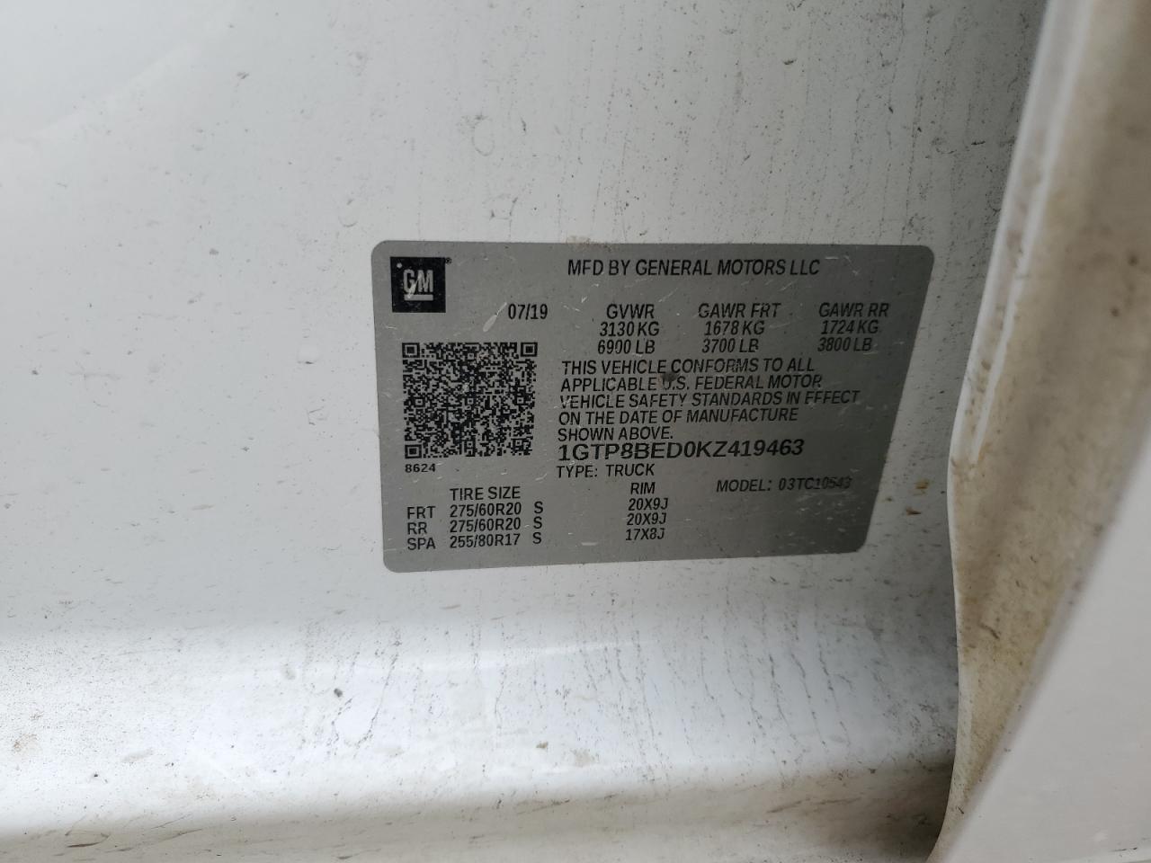 1GTP8BED0KZ419463 2019 GMC Sierra C1500 Sle