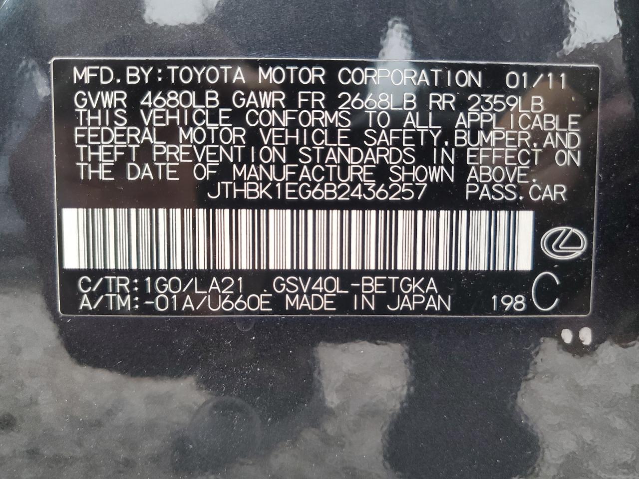 JTHBK1EG6B2436257 2011 Lexus Es 350