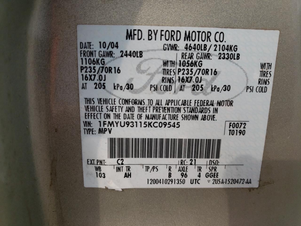 1FMYU93115KC09545 2005 Ford Escape Xlt