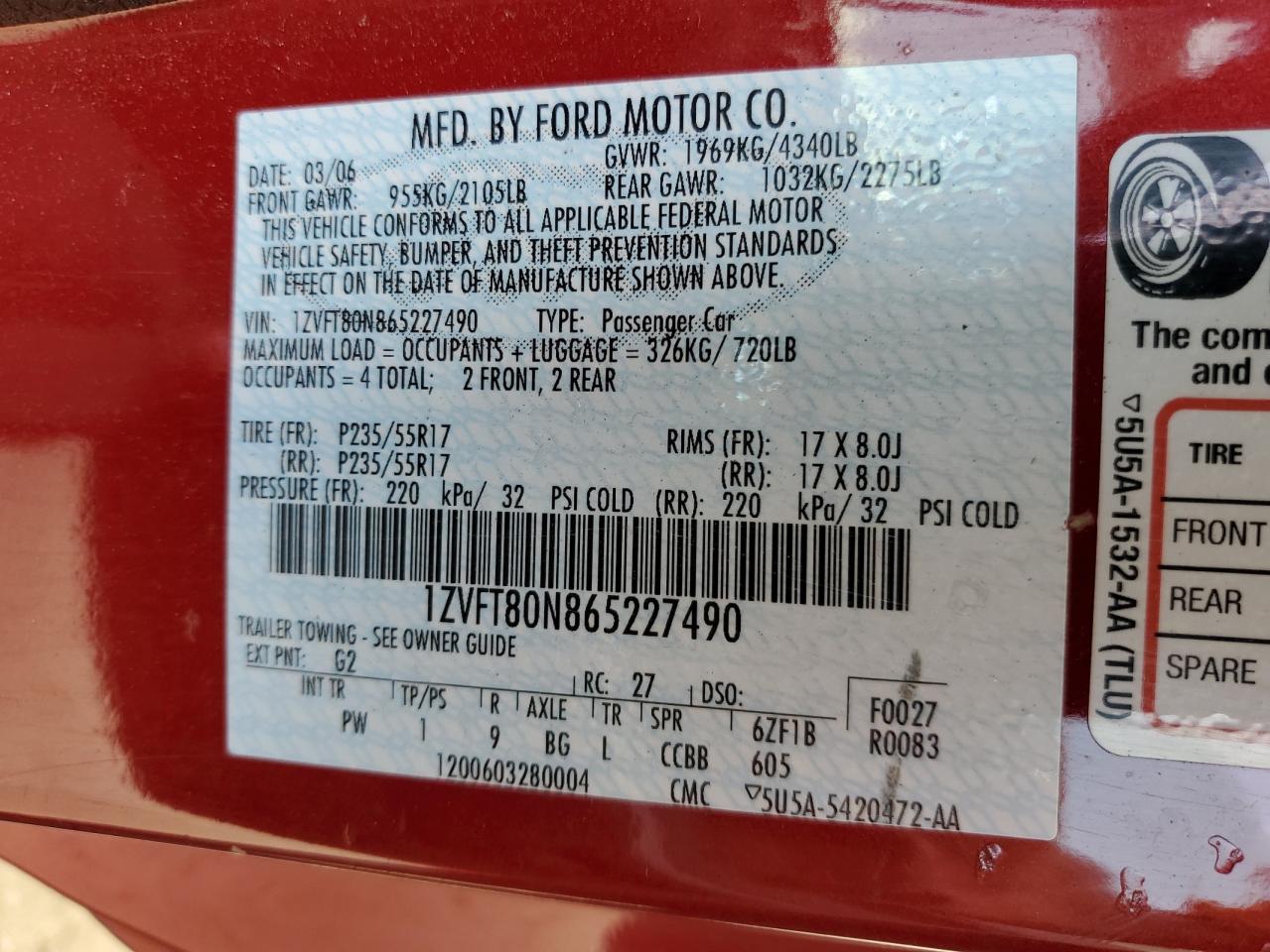 1ZVFT80N865227490 2006 Ford Mustang