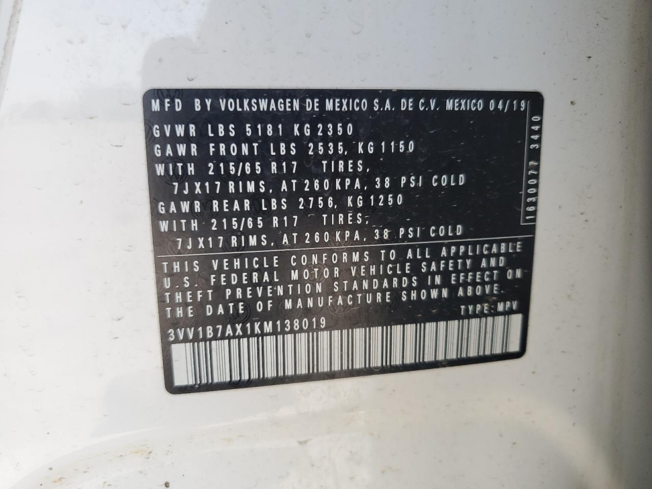 3VV1B7AX1KM138019 2019 Volkswagen Tiguan S