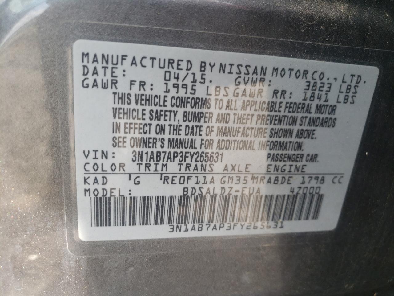 3N1AB7AP3FY265631 2015 Nissan Sentra S