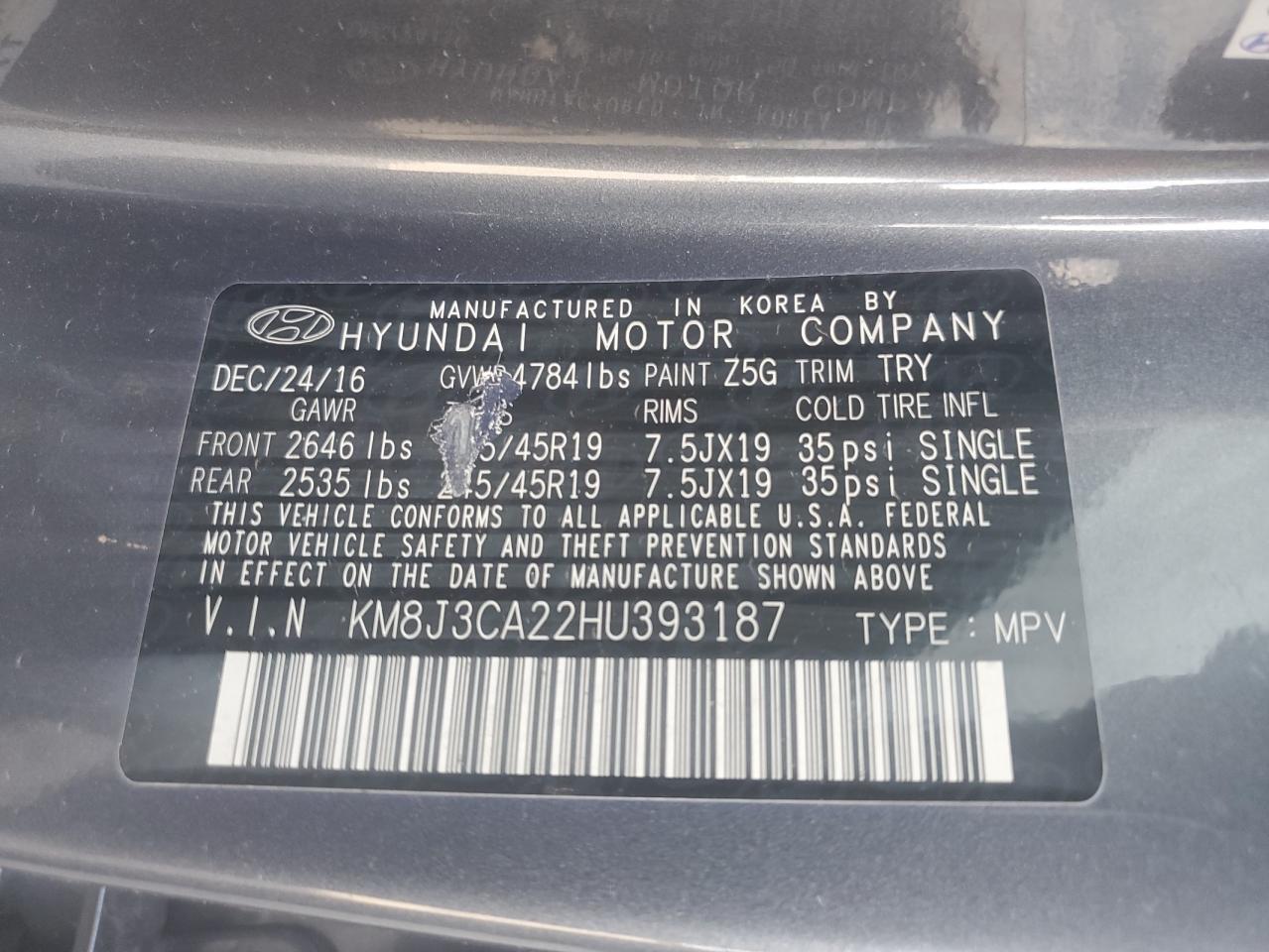 KM8J3CA22HU393187 2017 Hyundai Tucson Limited