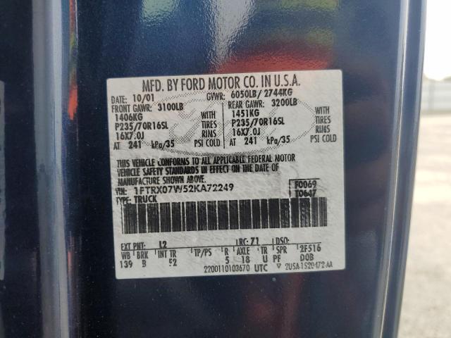 2002 Ford F150 VIN: 1FTRX07W52KA72249 Lot: 57501624