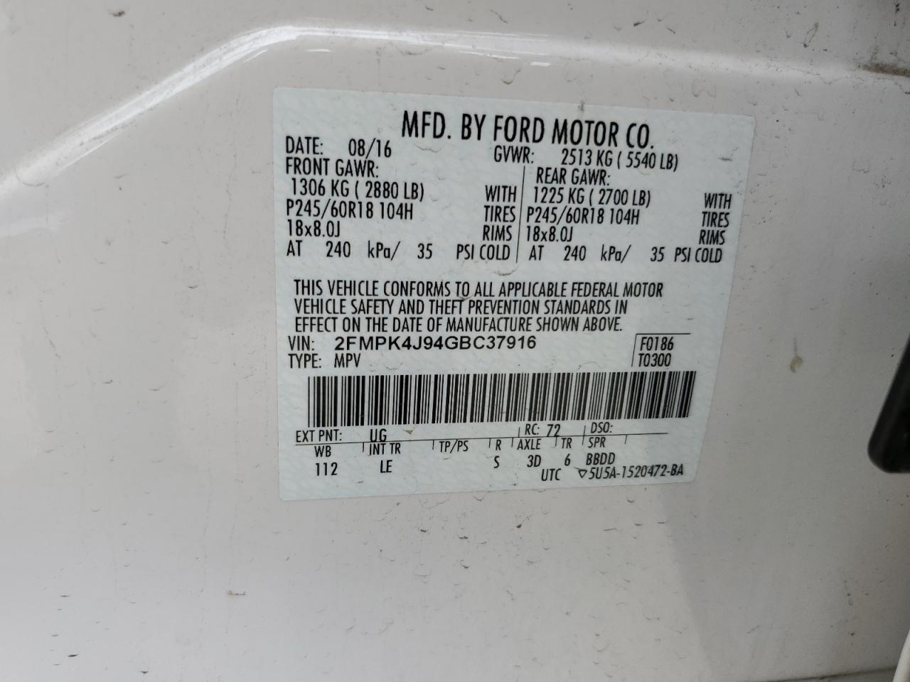 2FMPK4J94GBC37916 2016 Ford Edge Sel