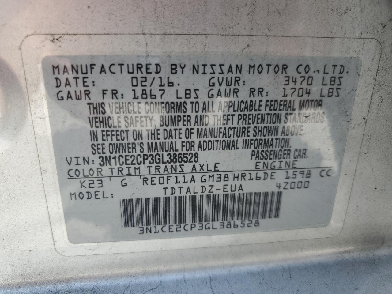 3N1CE2CP3GL386528 2016 Nissan Versa Note S