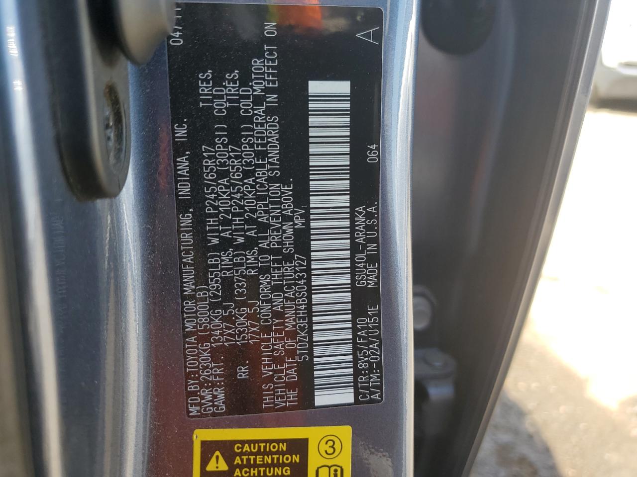 5TDZK3EH4BS043127 2011 Toyota Highlander Base