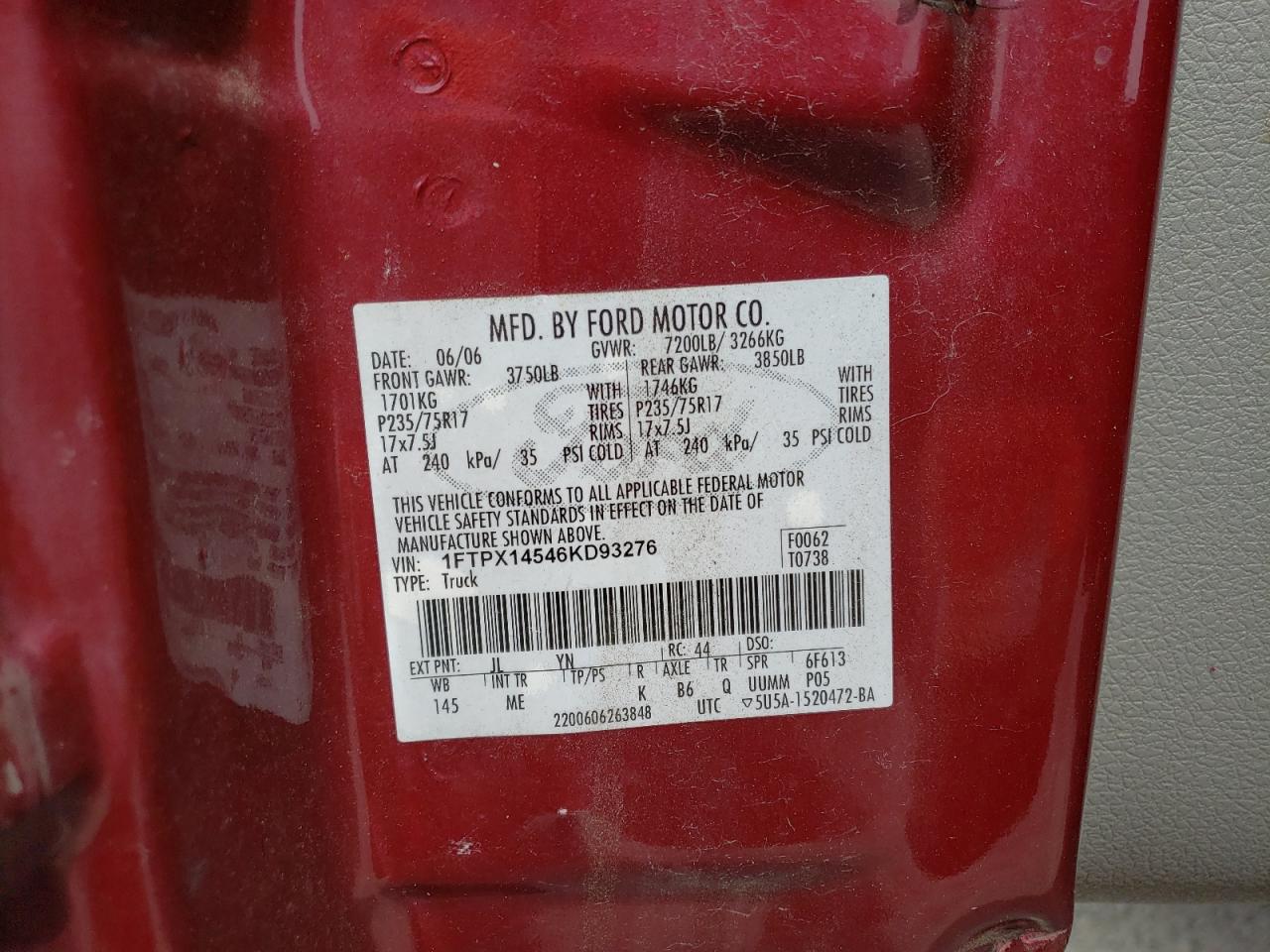 1FTPX14546KD93276 2006 Ford F150