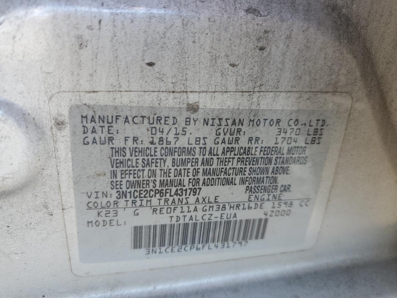 3N1CE2CP6FL431797 2015 Nissan Versa Note S