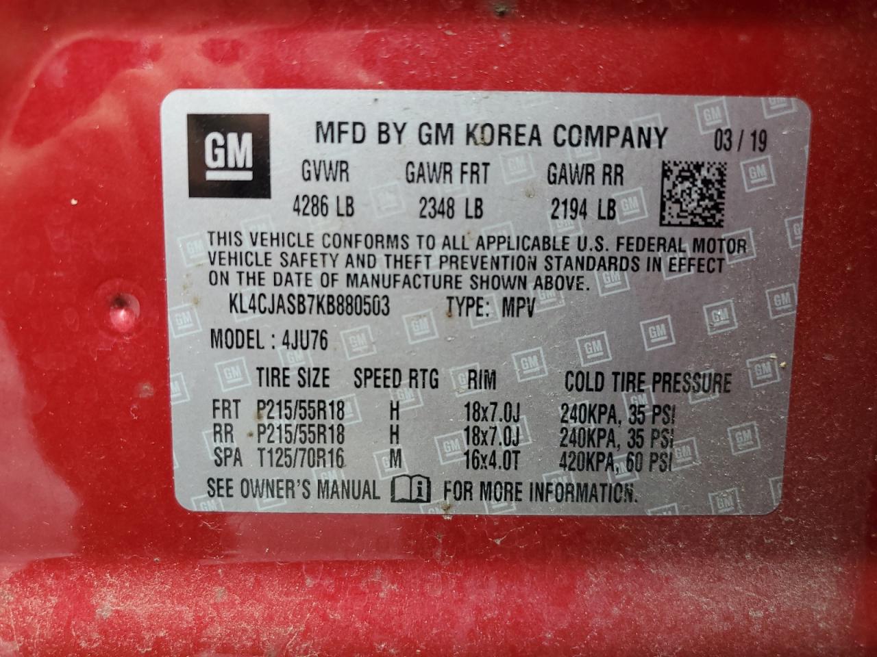 KL4CJASB7KB880503 2019 Buick Encore Preferred