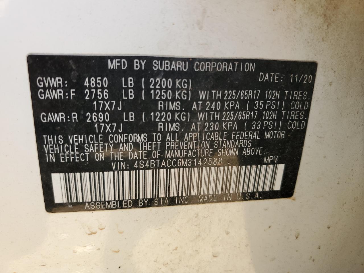 4S4BTACC6M3142588 2021 Subaru Outback Premium