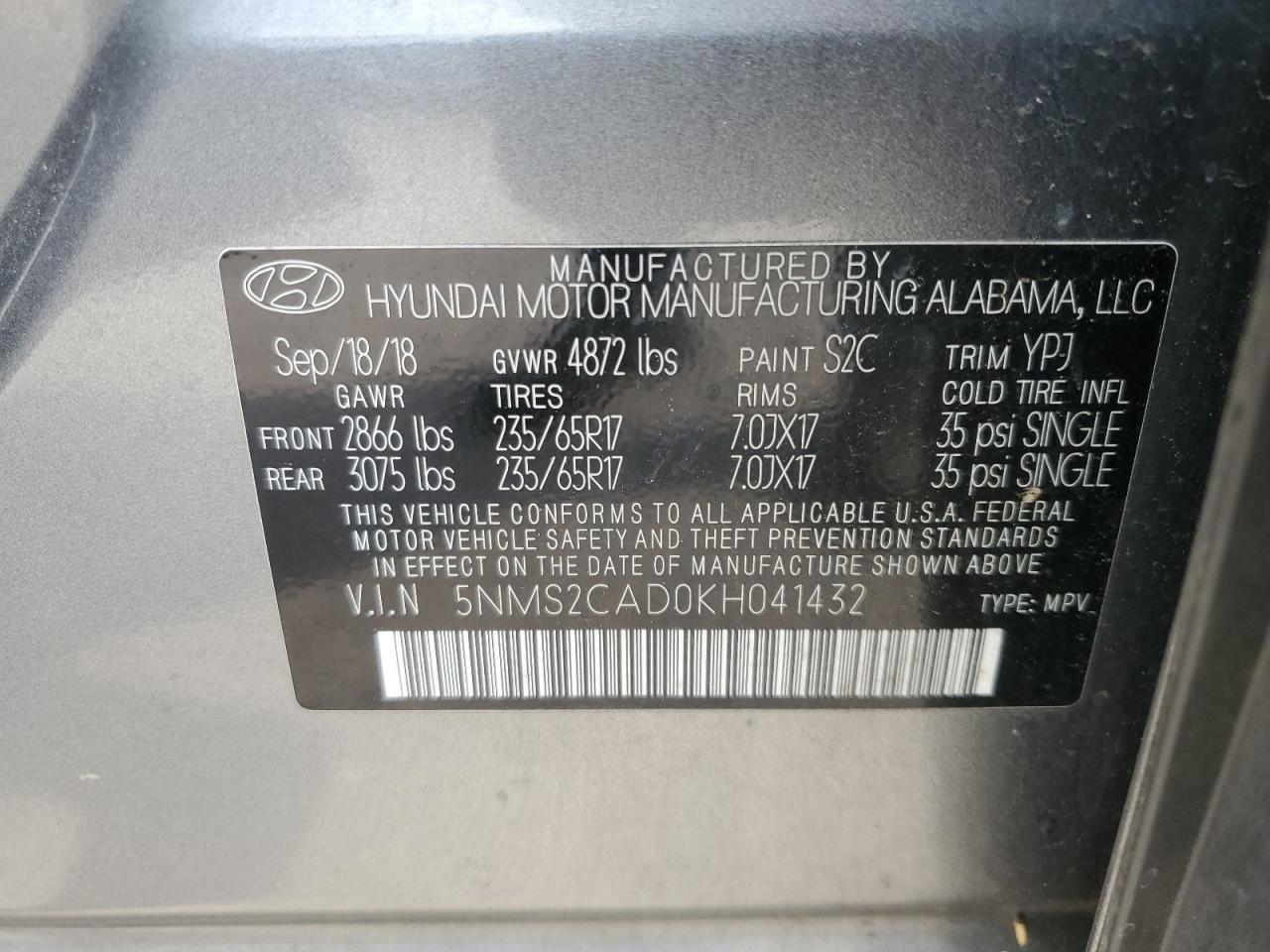 5NMS2CAD0KH041432 2019 Hyundai Santa Fe Se