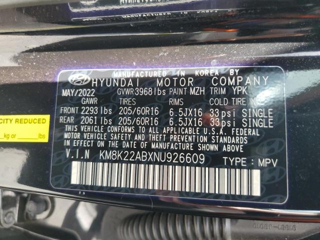 2022 Hyundai Kona Sel VIN: KM8K22ABXNU926609 Lot: 60499544