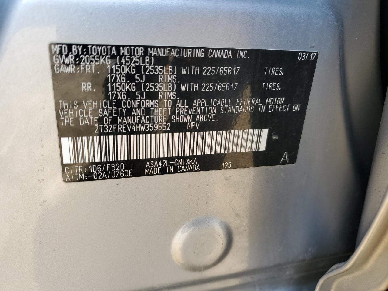 2T3ZFREV4HW359552 2017 Toyota Rav4 Le